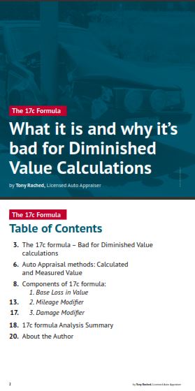 Want to know more about the 17c formula? Download this ebook for a full analysis of all the 17c formula components and why it’s unfair for diminished value calculations.