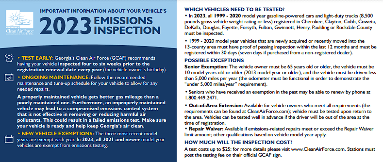 2023 Georgia Emissions Requirements Info