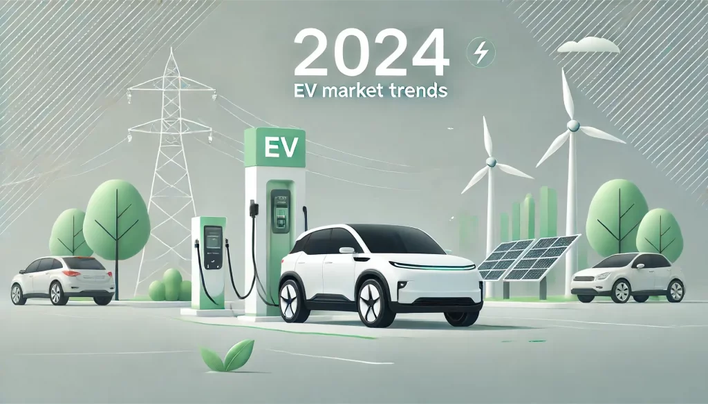 A clean and simple banner showcasing an electric vehicle charging at a modern station with subtle green energy elements, representing 2024 EV Market Trends.