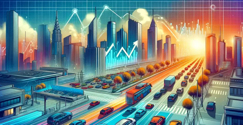 Banner depicting a bustling modern cityscape with diverse new cars on the streets under a clear sky, symbolizing the growth and recovery of the U.S. auto industry in 2024, with a background graph showing an upward trend in car sales.