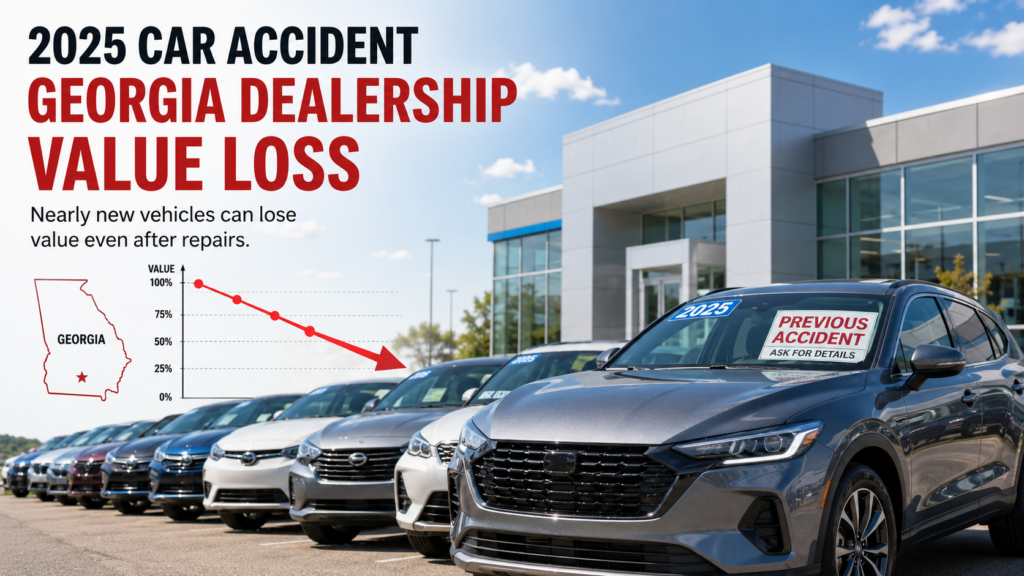 Current image: Georgia dealership lot with 2025 model year vehicles, one displaying a Previous Accident sticker, with a depreciation chart and Georgia state map overlay showing post-accident value loss