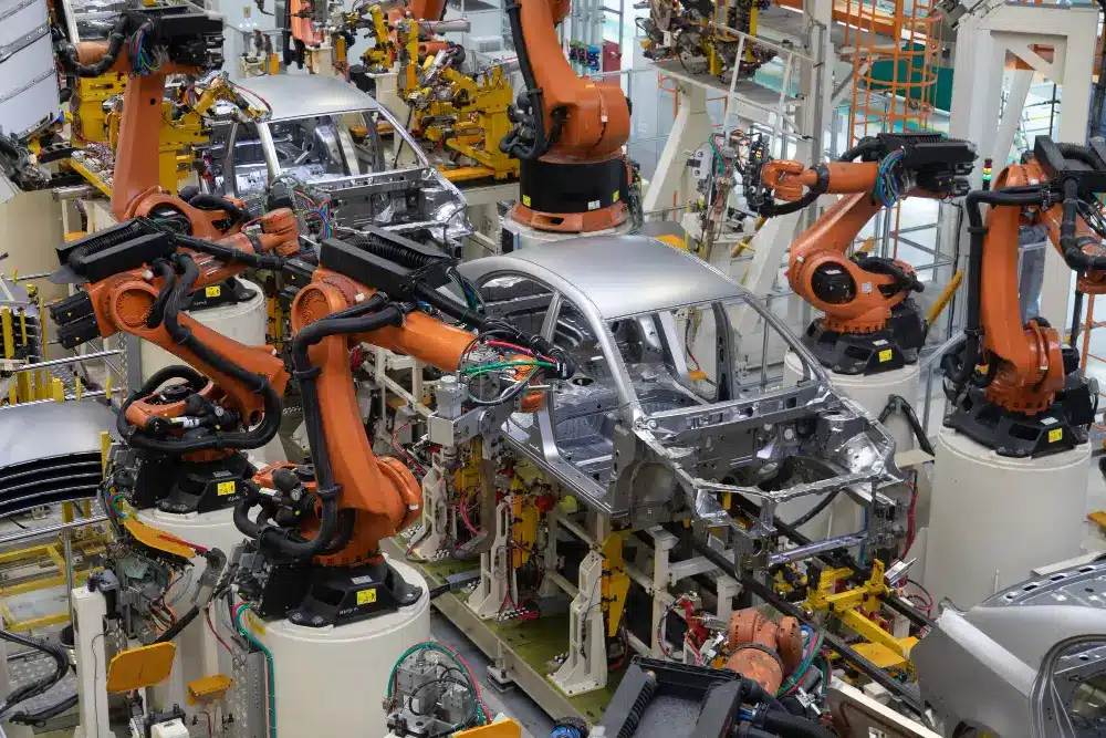 Assembly line with multiple robotic arms working on car frames in an automobile manufacturing plant.