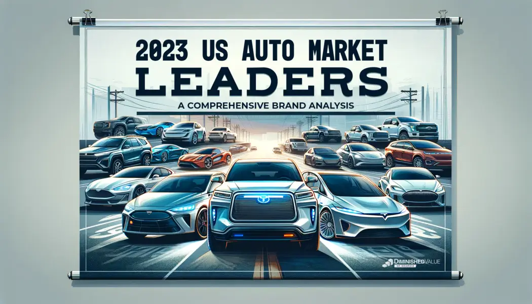 Professional banner displaying the text '2023 U.S. Auto Market Leaders: A Comprehensive Brand Analysis' in the center, with a realistic montage of cars from top brands, reflecting the real-life auto market of 2023 in shades of blue, gray, and white.