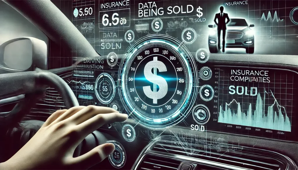 Modern car dashboard displaying driving metrics with dollar signs and shadowy figures in the background, representing data being sold to insurance companies.