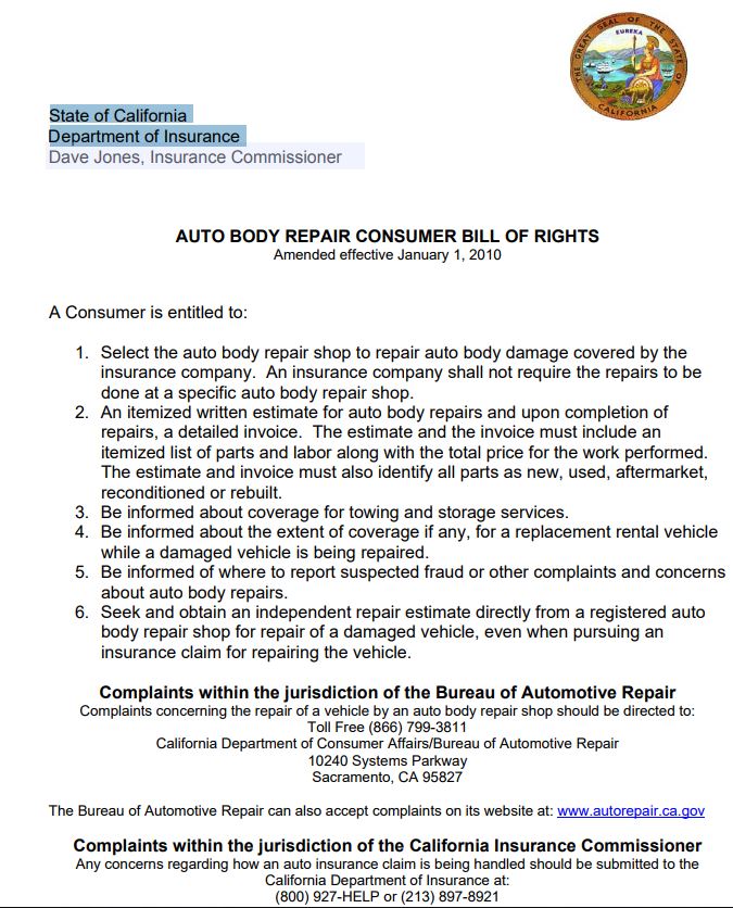 California - Auto Body Repair Consumer Bill of Rights