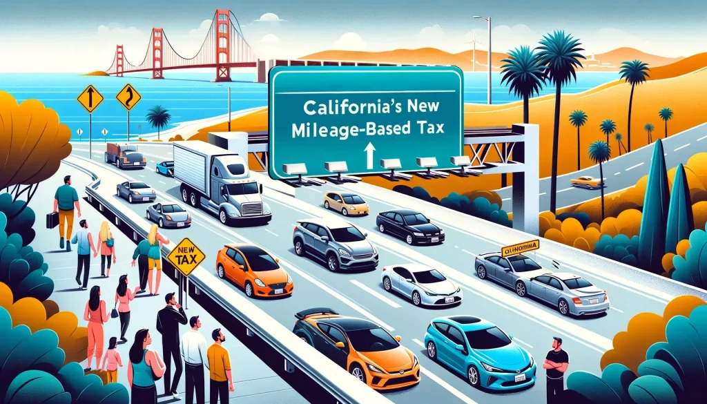 A scenic view of a California highway featuring various vehicles, including electric cars, hybrids, and traditional gasoline cars, with a road sign indicating a new mileage-based tax system. The backdrop includes iconic California scenery such as palm trees and the coastline, and drivers appear concerned and curious about the new tax system.
