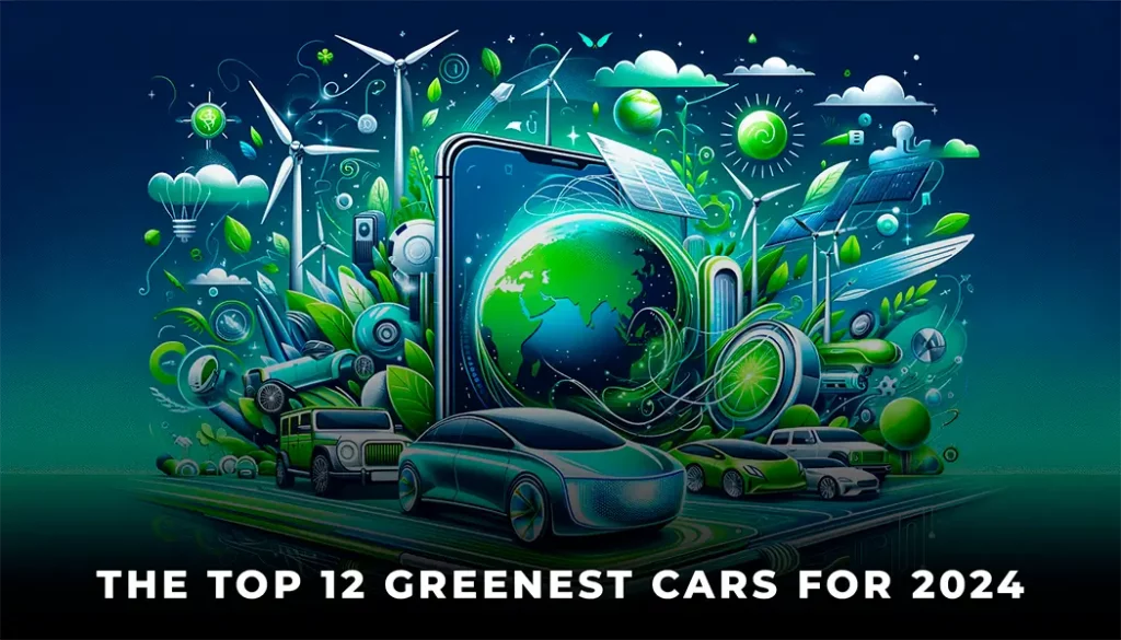 Banner illustrating the eco-friendly transition to 2024's top green cars, featuring electric and hybrid vehicles amidst symbols of renewable energy.