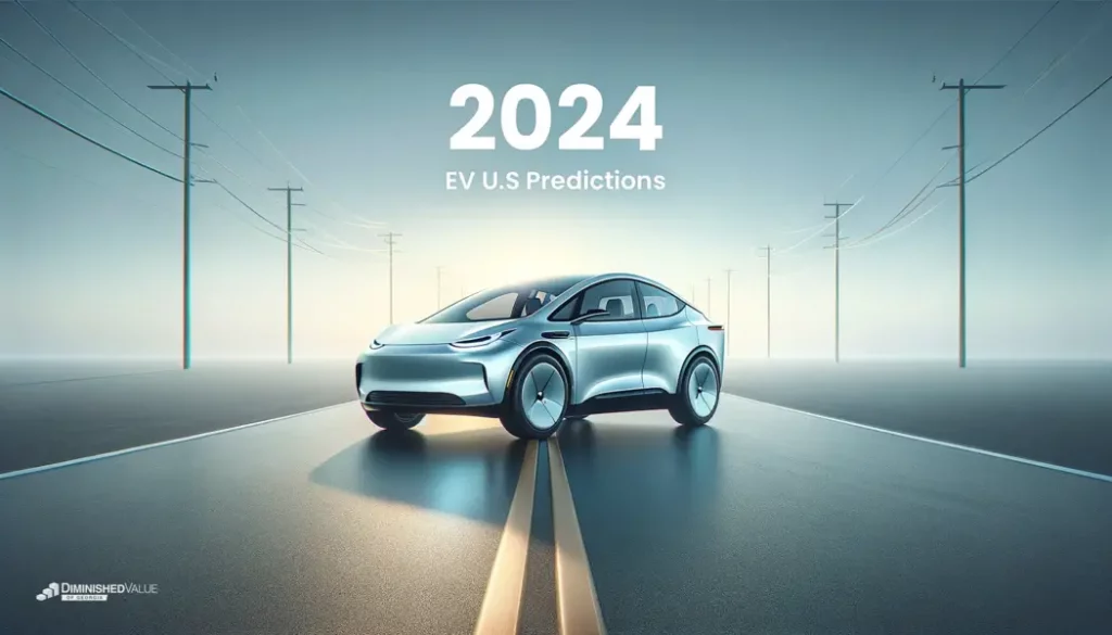 Banner image featuring a sleek electric car on a road, symbolizing the future of EVs, with a calm blue and grey background. Text reads '2024 EV US Predictions: A Charged Journey Ahead'.