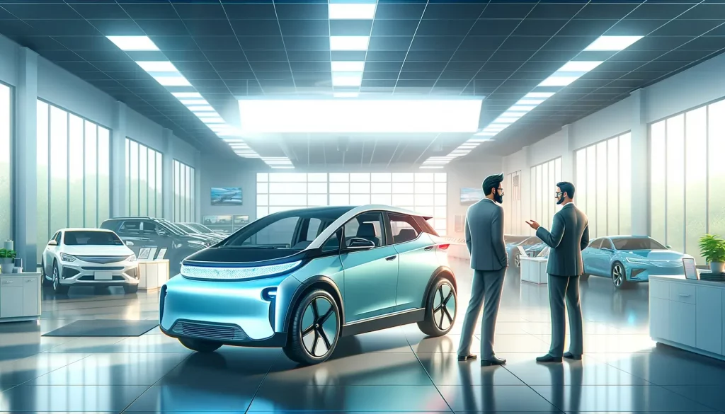 Modern electric vehicle dealership with a customer and salesperson discussing an EV. The dealership is bright and eco-friendly, highlighting various electric vehicles, promoting innovation and sustainability.