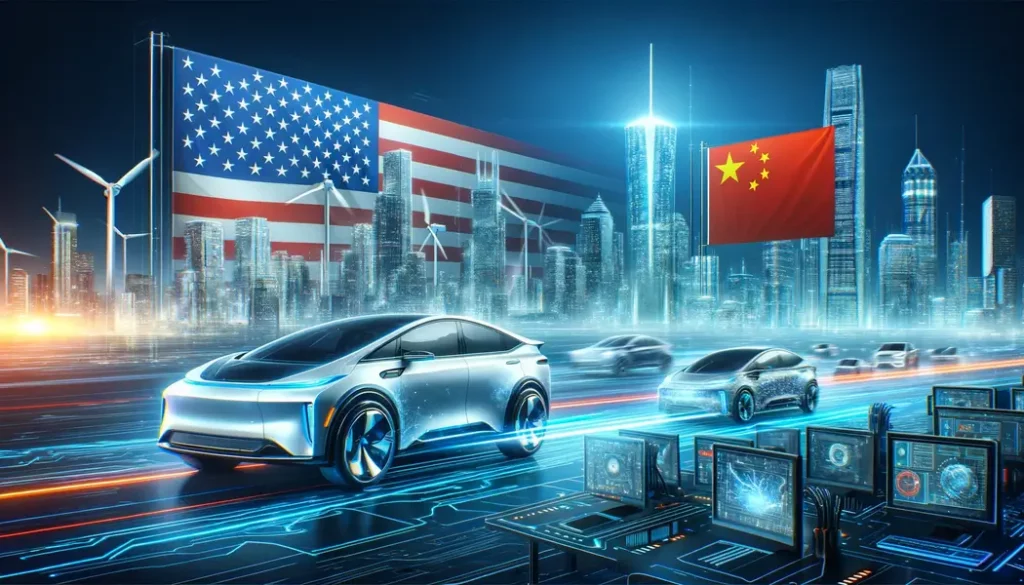 Banner depicting the competitive electric vehicle landscape, with futuristic EVs against a cityscape backdrop, symbolizing US-China rivalry in the EV sector.