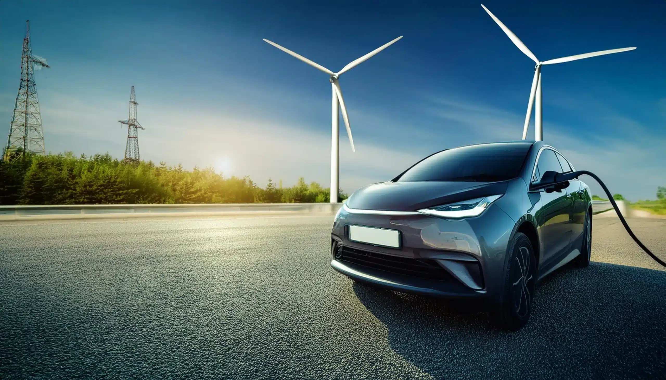 An electric vehicle charging on the roadside with wind turbines in the background, highlighting the integration of renewable energy sources in the EV industry.