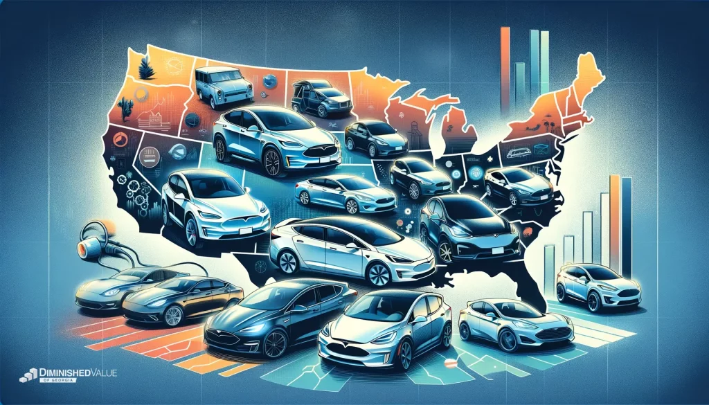 Banner depicting a variety of modern electric cars including Tesla, Chevrolet, and Ford, set against a stylized U.S. map indicating diverse electric vehicle adoption rates across states, symbolizing the growth and popularity of electric vehicles in America in 2024.