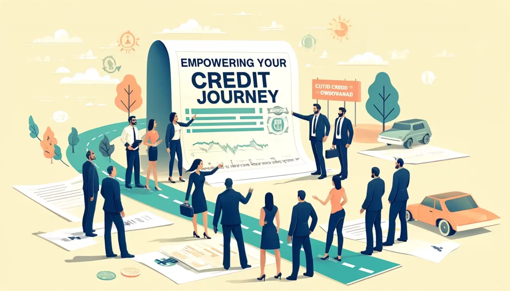 Banner image showing a diverse group of people discussing an oversized credit report, symbolizing collaboration and empowerment in understanding auto financing and credit improvement.