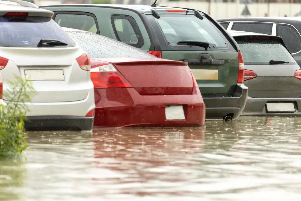 Cars submerged in floodwater on a city street, depicting hazards of driving during heavy rainfall.