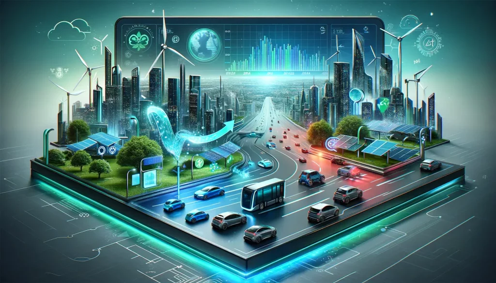 Futuristic cityscape with a variety of electric vehicles on the streets, set against a backdrop of green technology symbols like wind turbines and solar panels. A prominent graph in the foreground displays rising electric vehicle sales and a declining carbon footprint, symbolizing the automotive industry's commitment to 2024 climate pledges.