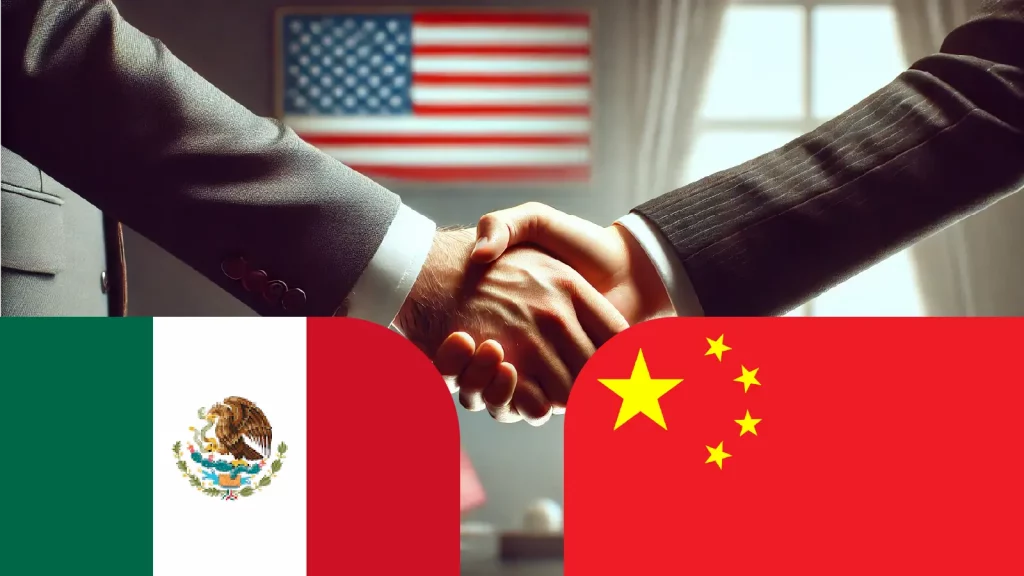 Business handshake between Chinese and Mexican representatives with the US flag, depicting new automotive trade routes.