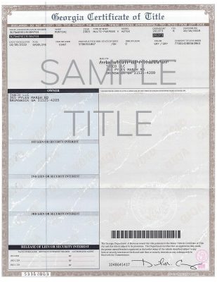 Georgia Certificate of Title Front Page 1