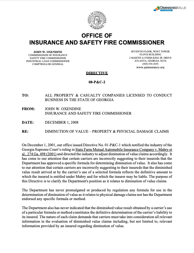 Georgia Insurance Commissioner Directive on Diminished Value