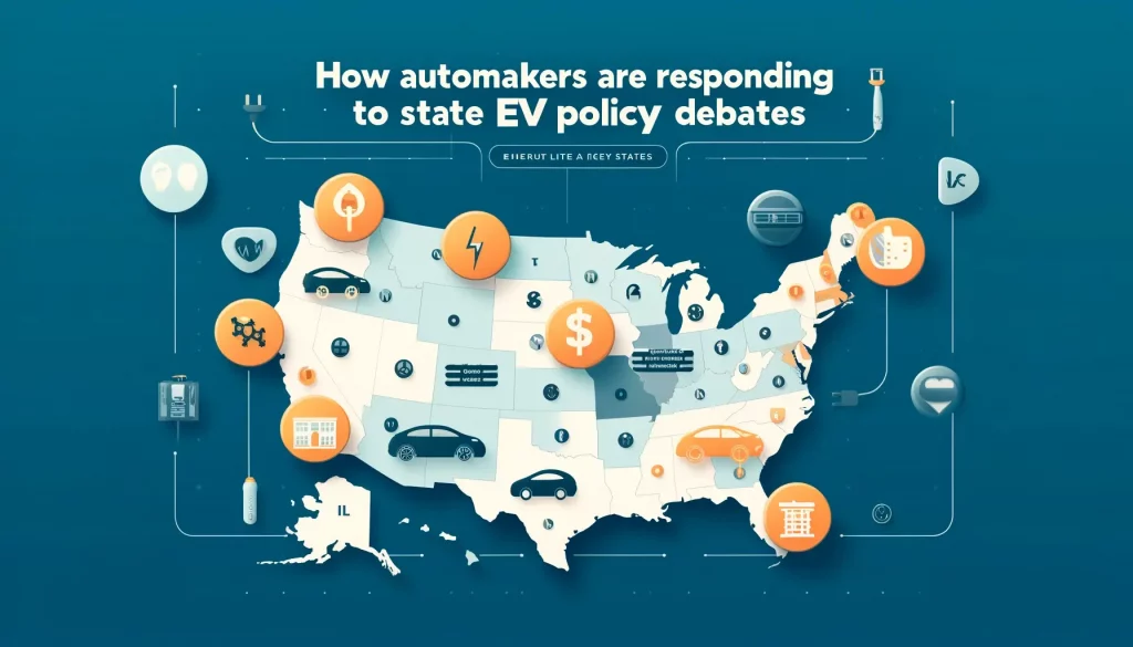 A banner image featuring a map of the United States with key states highlighted, each showing icons for different EV policies: a charging station, a dollar sign, a road, and an apartment building with a charger. The background includes electric vehicle motifs like batteries and plug icons, with the title "How Automakers Are Responding to State EV Policy Debates" at the top