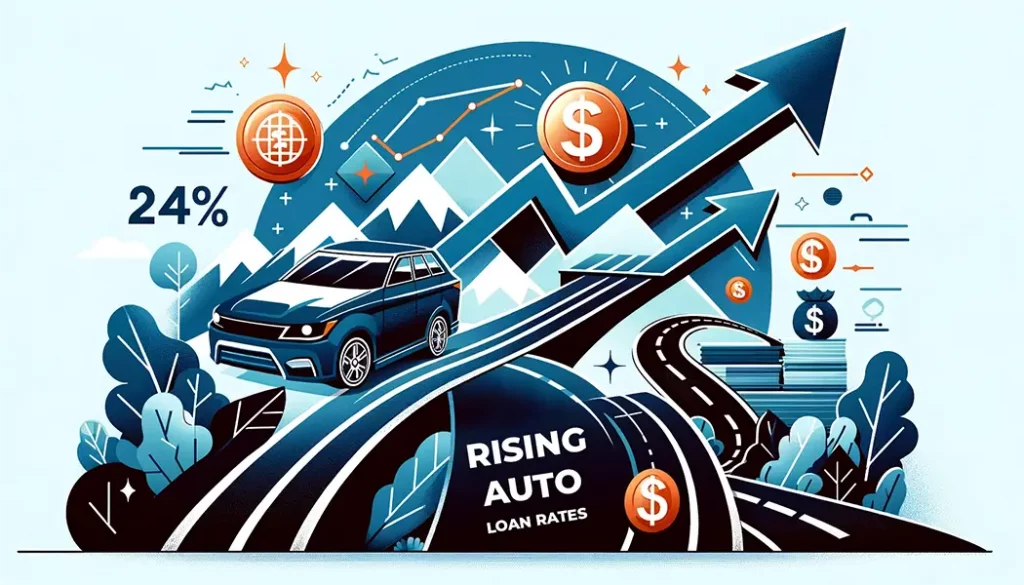 Banner showing a car journeying up a winding road with rising arrows and dollar signs, symbolizing the challenge of higher auto loan rates in 2024 and strategies to overcome them.