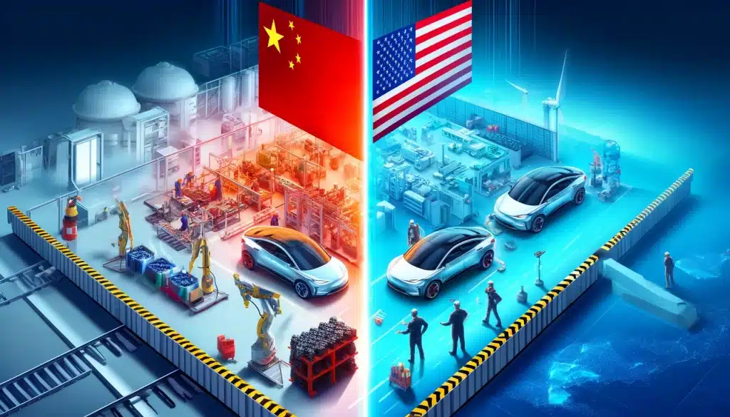Banner image showing a split screen with a bustling Chinese EV manufacturing plant on one side and a futuristic American EV factory under construction on the other, divided by a symbolic tariff barrier, with American and Chinese flags in the background. Text overlay reads 'Impact of New U.S. Tariffs on China’s Auto Industry'.