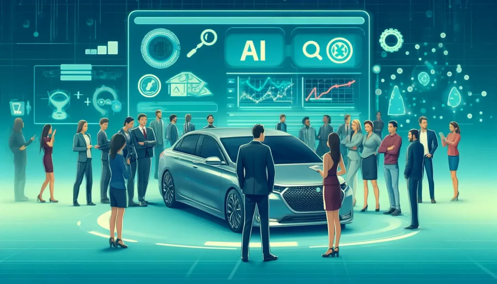 A diverse group of people stands around a new car, expressing satisfaction, in front of a digital display showcasing graphs and data points related to AI and alternative data usage in auto financing. This image represents the inclusivity and technological advancement in the auto industry, designed in a modern and professional style for a business or technology publication.