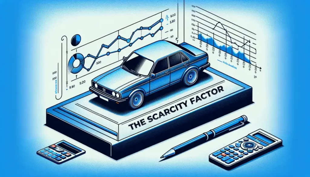 An isometric illustration depicting the Scarcity Factor in vehicle valuation, featuring a classic car on a pedestal with 'THE SCARCITY FACTOR' text, accompanied by a calculator, pen, and a dictaphone. Behind the car, there are graphical representations including a line graph and pie charts, symbolizing the analysis of vehicle scarcity and its impact on market value.