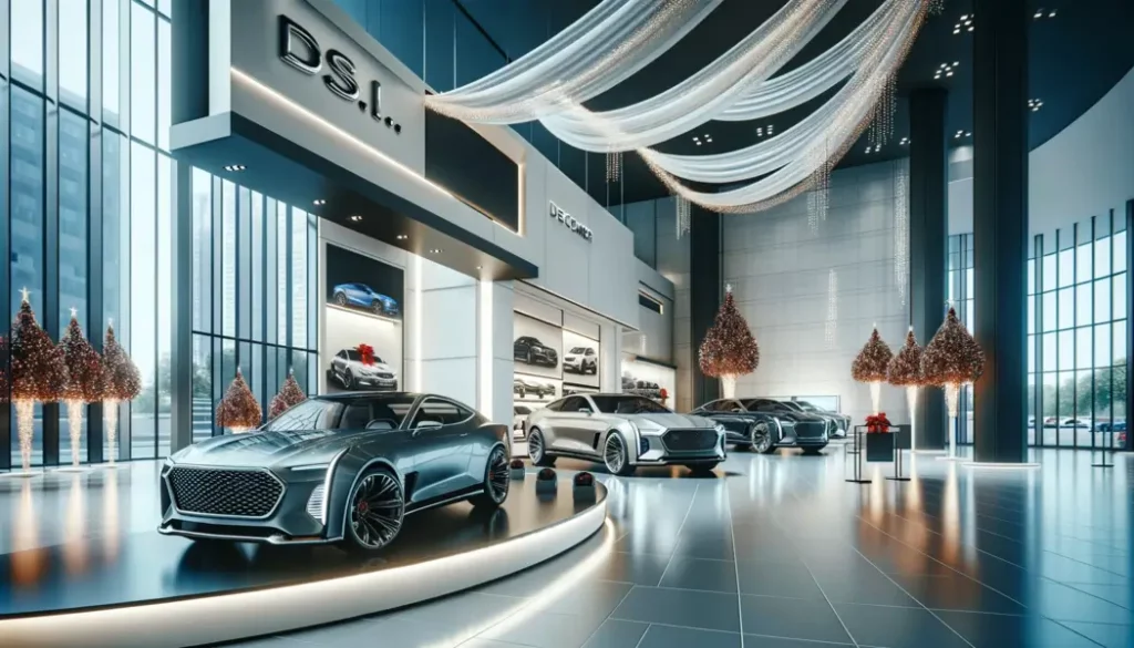 Elegant car showroom displaying a variety of sophisticated new vehicles, symbolizing the December success of the U.S. automotive industry, with a luxurious and minimalistic winter theme.