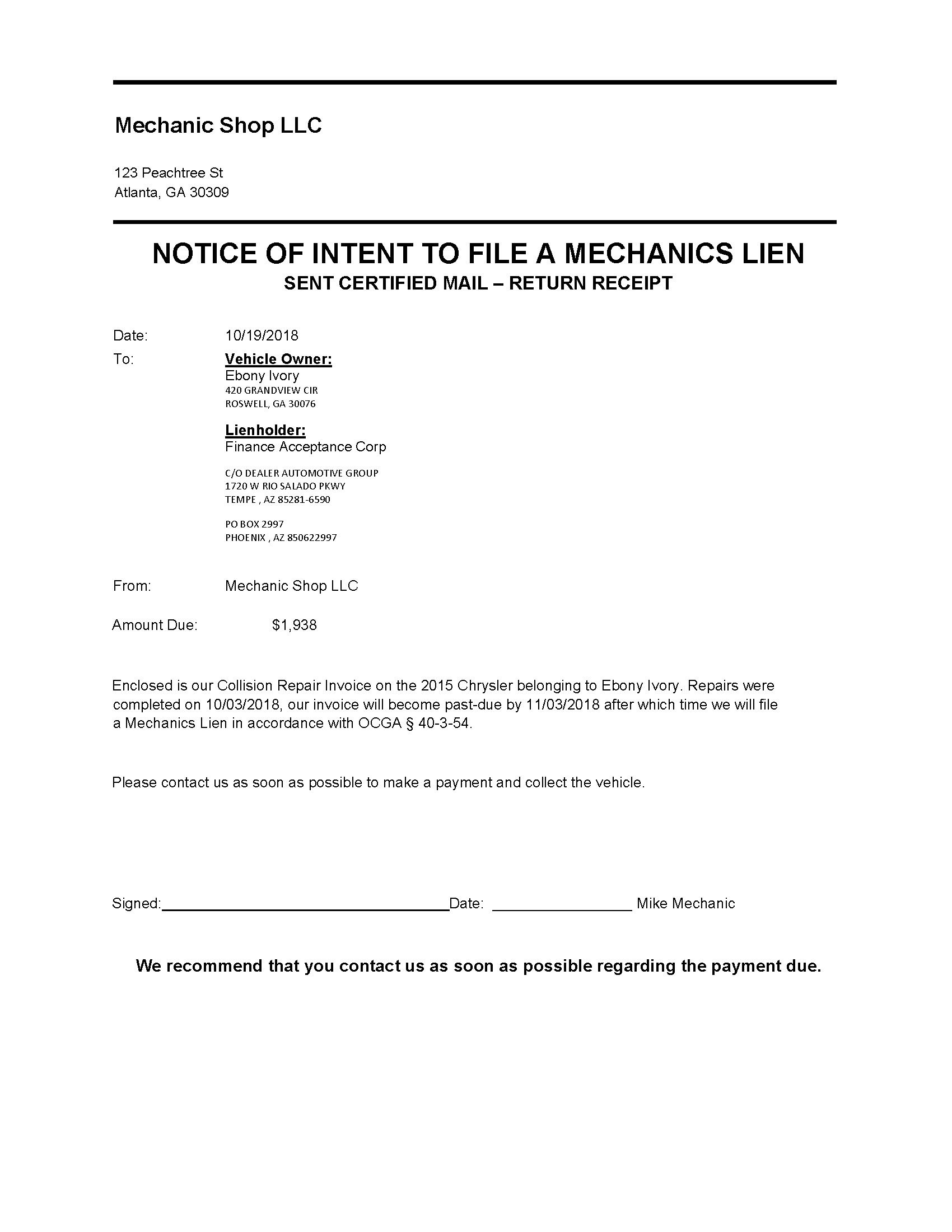 Letter Of Intent To Lien Template