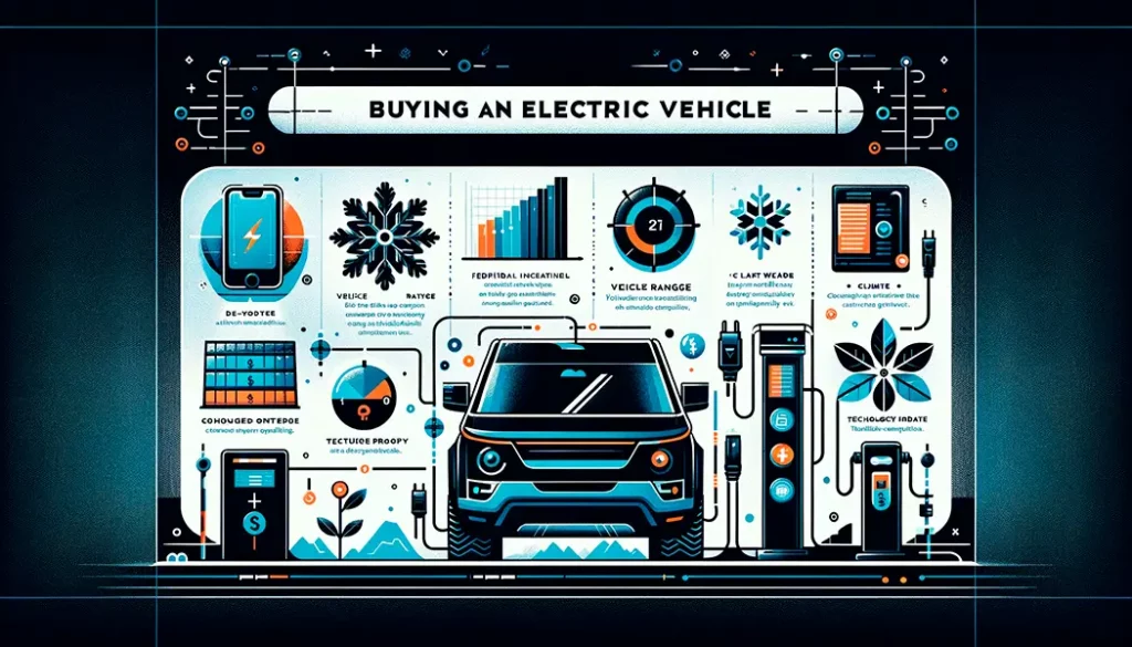 Illustrative banner for an article on EV ownership, highlighting charging stations, tax benefits, climate effects on range, and tech compatibility.