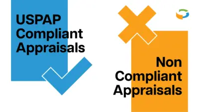 USPAP Compliant vs. Non-Compliant Appraisals – Diminished Value Georgia, Car Appraisals for Insurance Claims A graphic contrasting "USPAP Compliant Appraisals" (blue box with a checkmark) and "Non Compliant Appraisals" (orange box with an 'X'), visually representing adherence to appraisal standards.