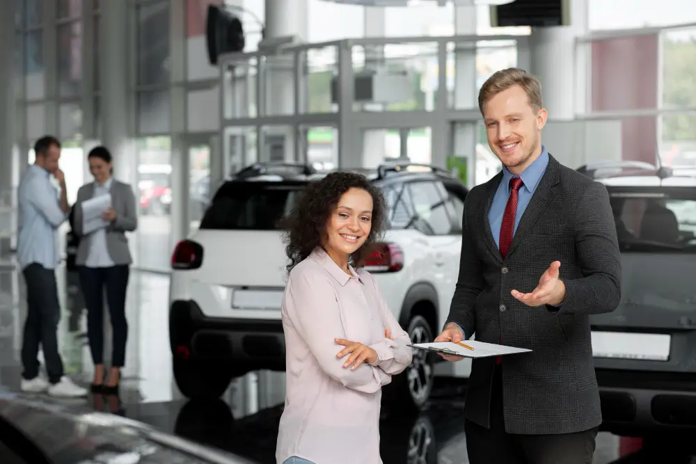 A man in a suit with a tablet and a woman in a pink blouse standing in a car dealership, discussing vehicle options with a smiling expression, with other customers in the background.