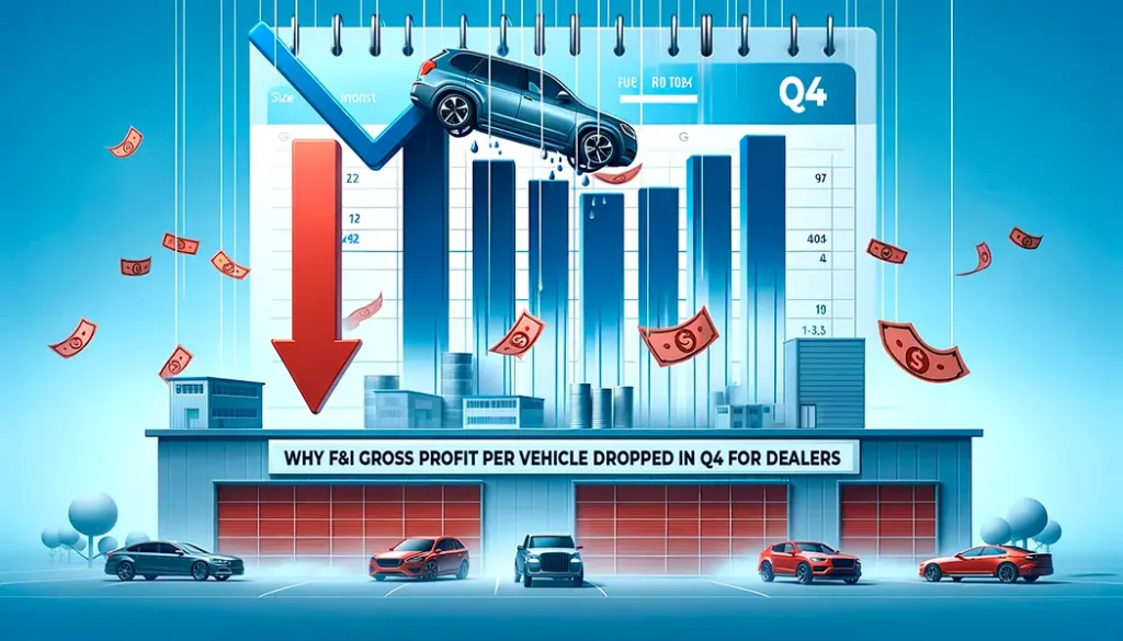 Banner illustrating the decline in F&I gross profit per vehicle for dealers in Q4, featuring charts and dealership imagery.