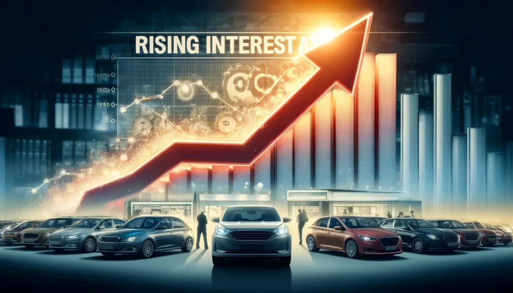 Graph showing an upward trend in used-vehicle interest rates against a backdrop of a busy car dealership with diverse car models, symbolizing the economic impact on buyers in early 2024.