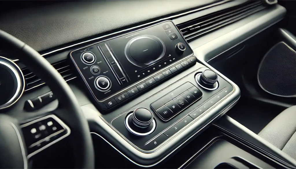 Close-up of a modern car dashboard featuring a clean, streamlined design with a large touchscreen display and minimal buttons, showcasing advanced yet user-friendly technology in 2024 vehicles.