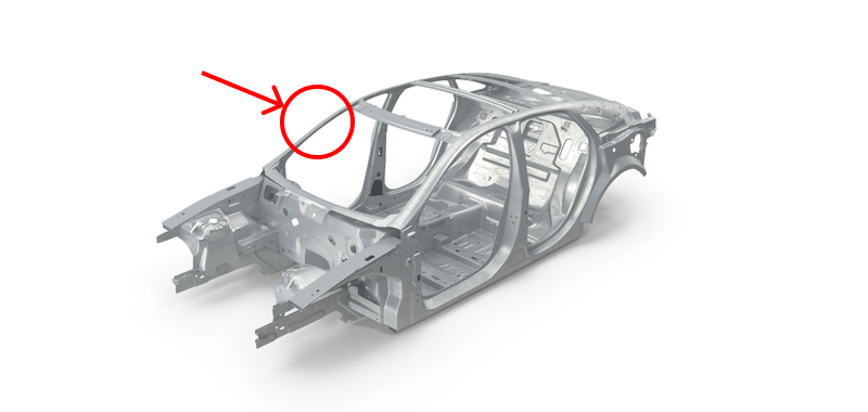 A image of a vehicle's unibody structure, displayed against a white background. A red circle and arrow point to a damaged section on the upper roof rail, illustrating an example of structural damage.