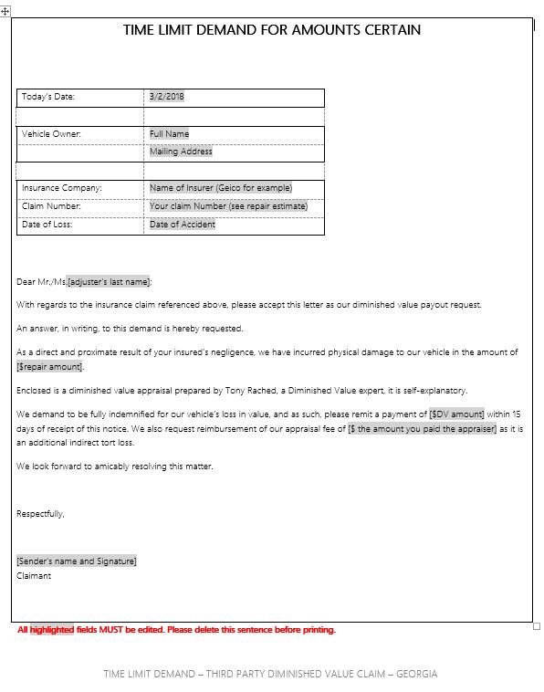 Denial Claim Letter Sample from diminishedvalueofgeorgia.com