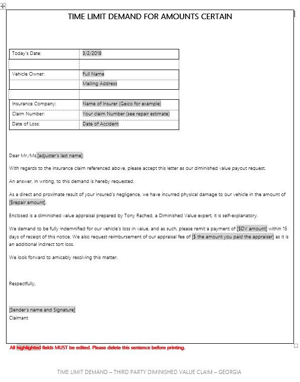 Diminished Value Demand Letter Diminished Value Of Georgia