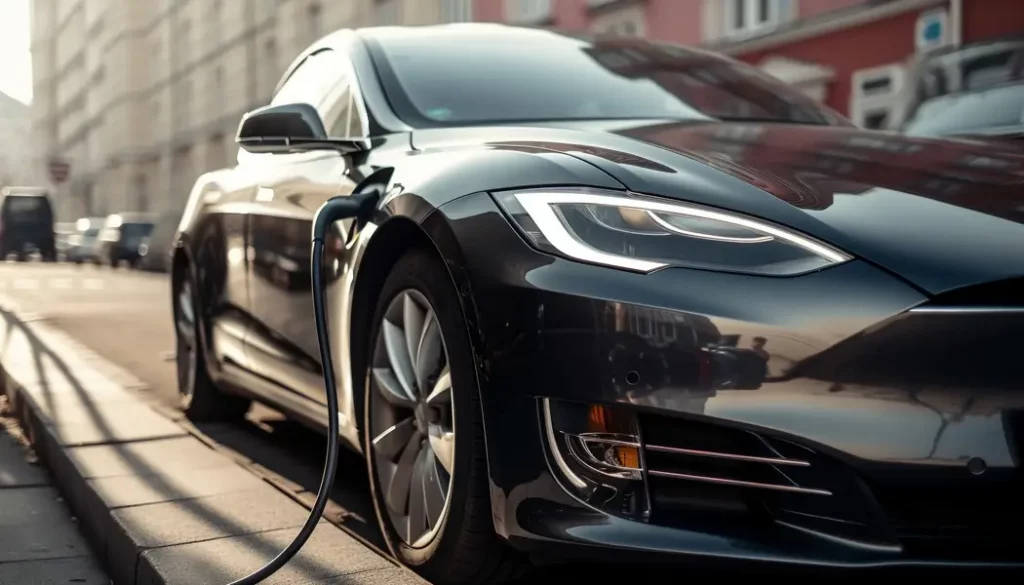A sleek black Tesla Model S is charging on the sunlit city streets, with its distinctive LED headlights and aerodynamic design highlighted, reflecting the urban landscape.