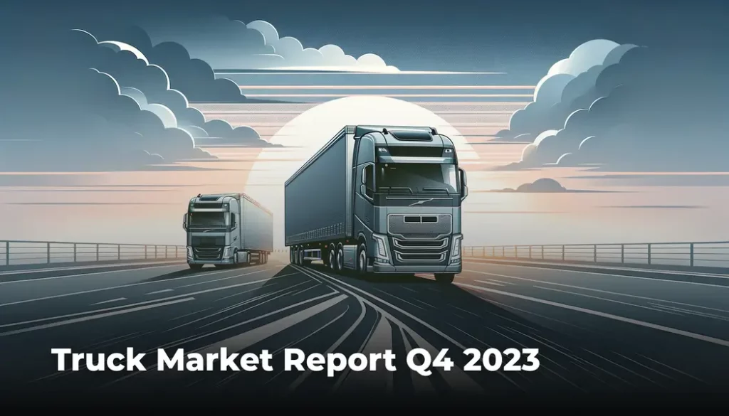 Semi-minimalist banner depicting two modern trucks on a highway leading towards a horizon under a dawn sky, symbolizing the forward momentum of the truck market in Q4 2023.