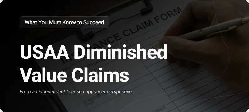 USAA Diminished Value Claims: A guide to understanding the process and maximizing claim success from an independent licensed appraiser’s perspective.