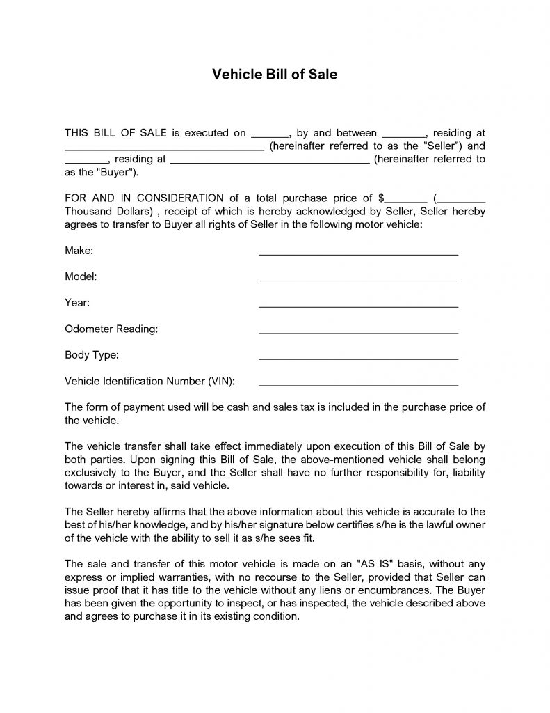 Vehicle Bill Of Sale By Owner Sample Document DVGA