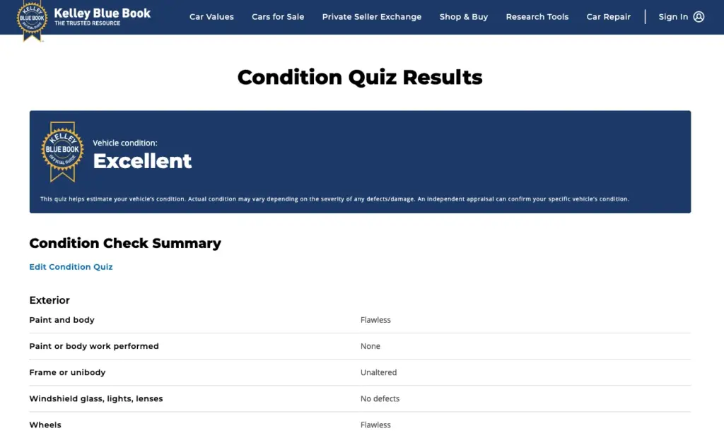 KBB condition quiz results page showing an "Excellent" vehicle rating with a breakdown of selected condition factors like paint, frame, and glass.

