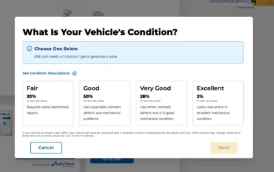 KBB condition selection screen displaying Fair, Good, Very Good, and Excellent categories used to generate car value after completing the quiz.