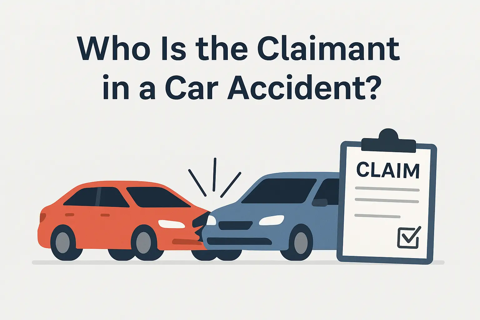 Illustration of a red car rear-ending a blue car, with a clipboard labeled 'Claim' and the text 'Who Is the Claimant in a Car Accident?' above, representing the concept of filing an insurance claim after a car crash.