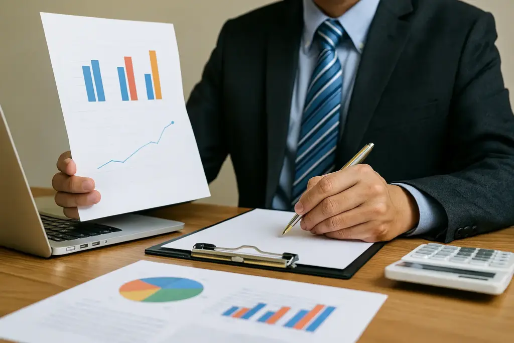 Analyzing Market Factors for a Diminished Value Claim – Diminished Value Georgia, Car Appraisals for Insurance Claims A financial professional in a suit holds a chart showing a graph and a bar chart, while a laptop and calculator are on the desk, symbolizing the analysis of market factors for a diminished value claim.