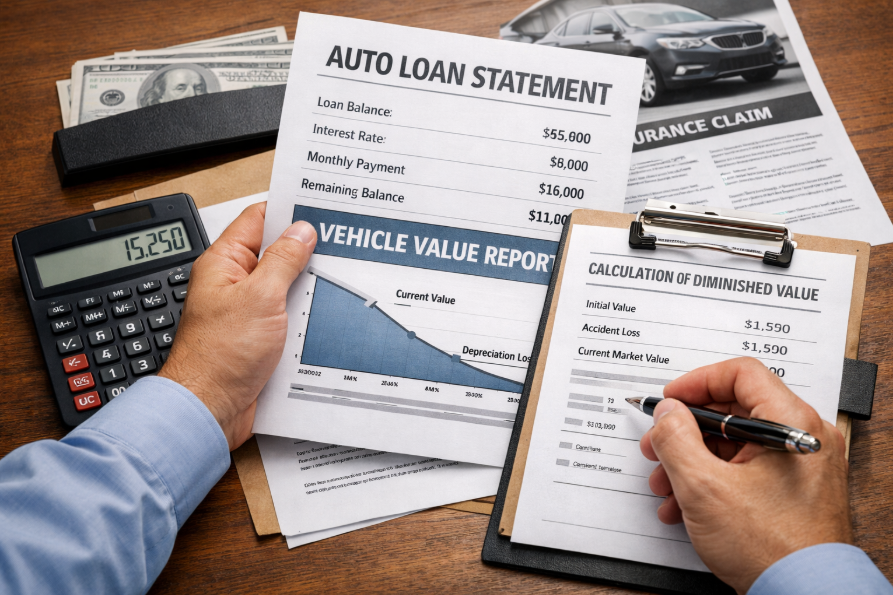 Person reviewing auto loan statement and diminished value calculation form with calculator and pen on desk | Diminished Value of Georgia, Car Appraisals for Insurance Claims
