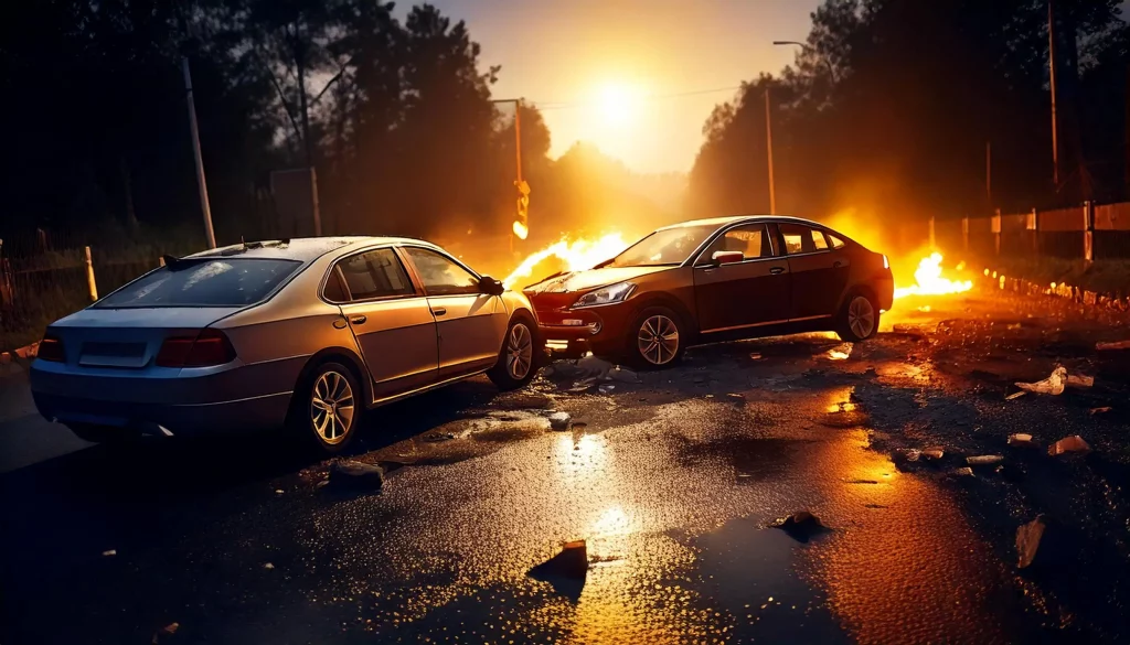 Two cars involved in a serious accident, with fire in the background, symbolizing a total loss situation after a collision.