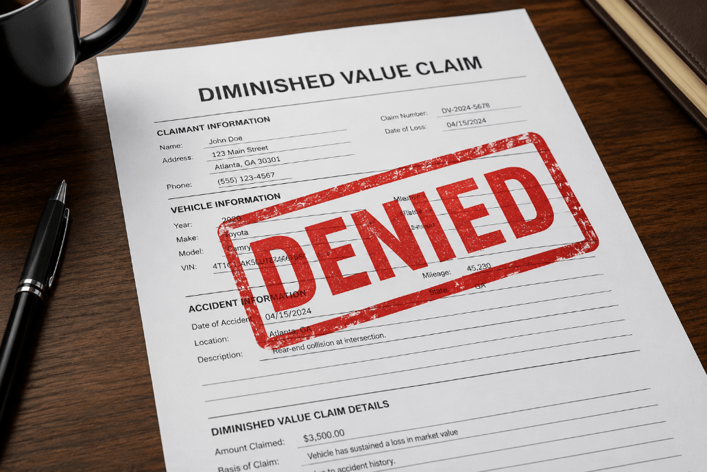 Diminished Value Claim Denied in Georgia – Diminished Value of Georgia, Car Appraisals for Insurance Claims Diminished value claim form stamped DENIED on a desk in Atlanta, Georgia, with a pen and coffee cup nearby | Diminished Value of Georgia, Car Appraisals for Insurance Claims