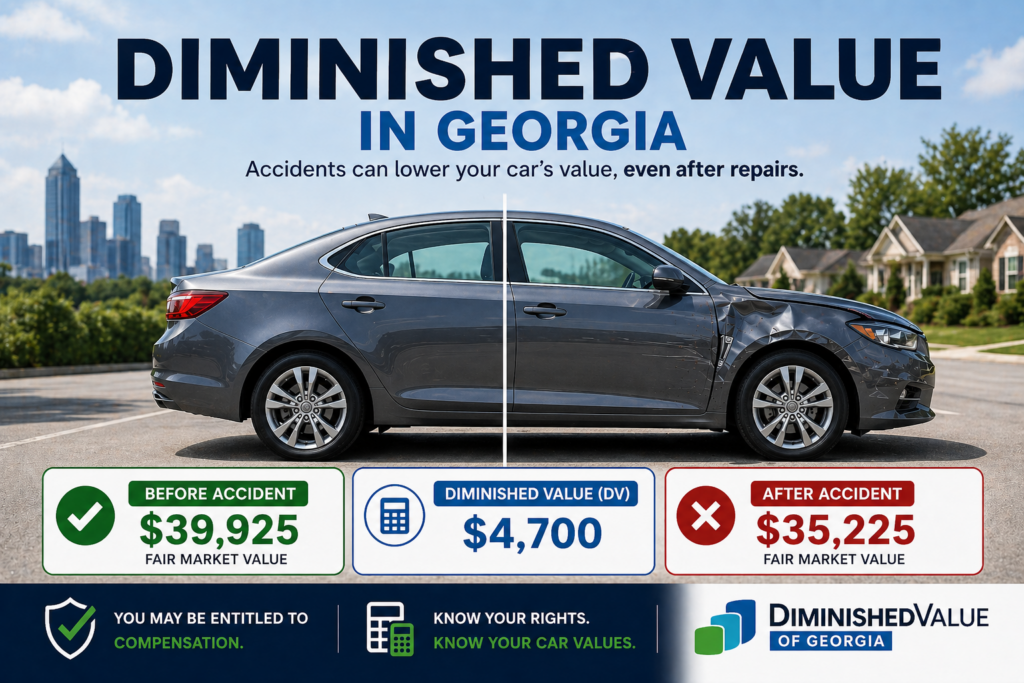 Current image: before and after car accident showing diminished value loss in Georgia from 12500 to 7800